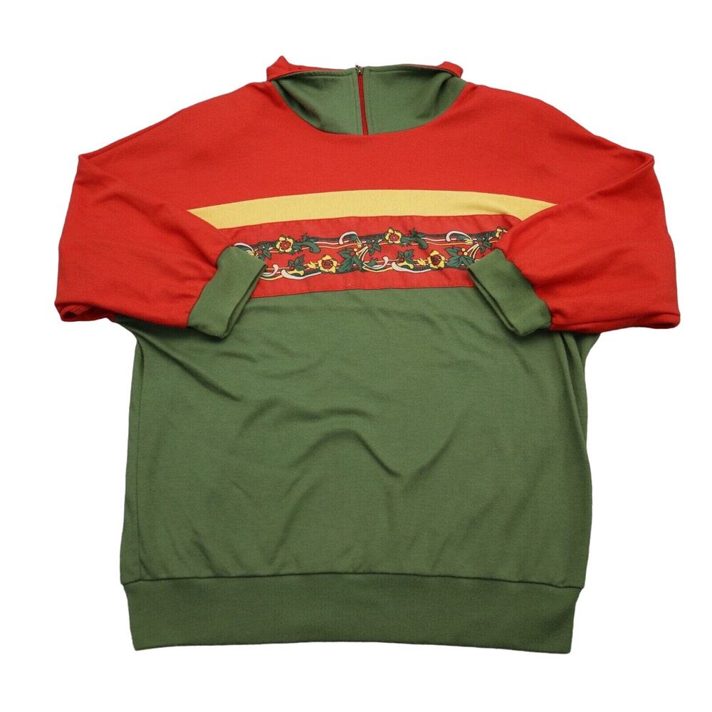 Pykettes Sweater Womens S Red Green Quarter Sleeve Floral Shoulder Pads Pullover